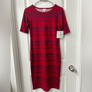 NWT Lularoe beautiful red dress with blue stripes, size XS